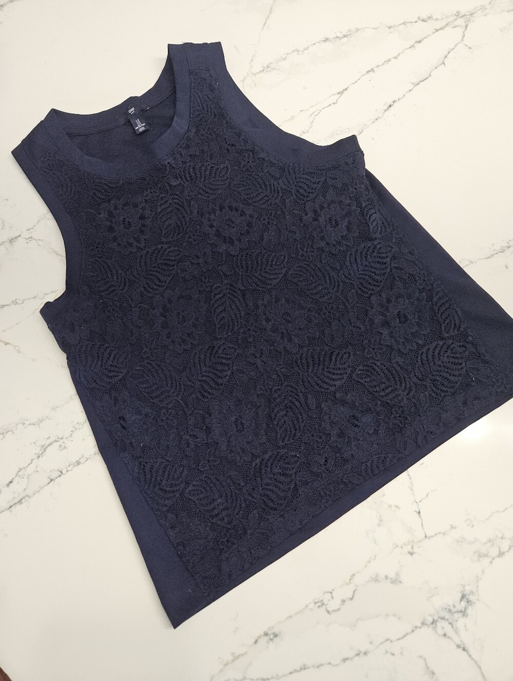 Sleeveless Navy Lace Front Tank Top -Gap